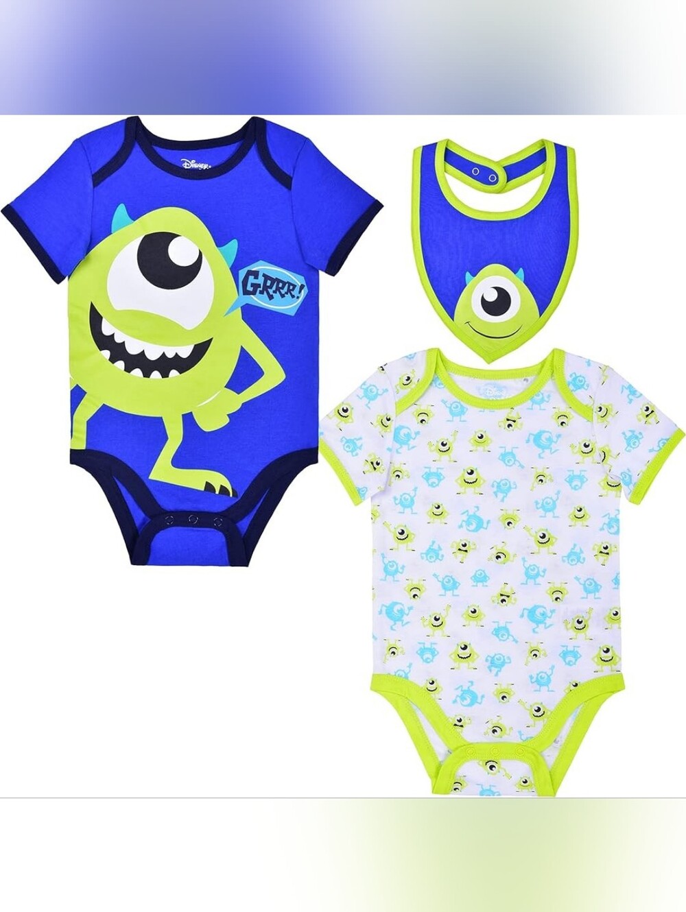 Disney Blue & Lime Monsters, Inc. 3-Piece Bodysuit Set